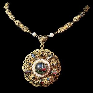 Vintage West Germany Black Rhinestone Filigree Gold Tone Necklace 25”